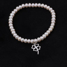 Load image into Gallery viewer, Natural Nearround Pearls Elastic Charm Bracelets Solid 925 Sterling Silver Clover Pendant for Gift Jewelry