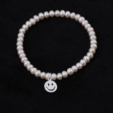 Load image into Gallery viewer, Natural Nearround Pearls Elastic Charm Bracelets Solid 925 Sterling Silver Clover Pendant for Gift Jewelry