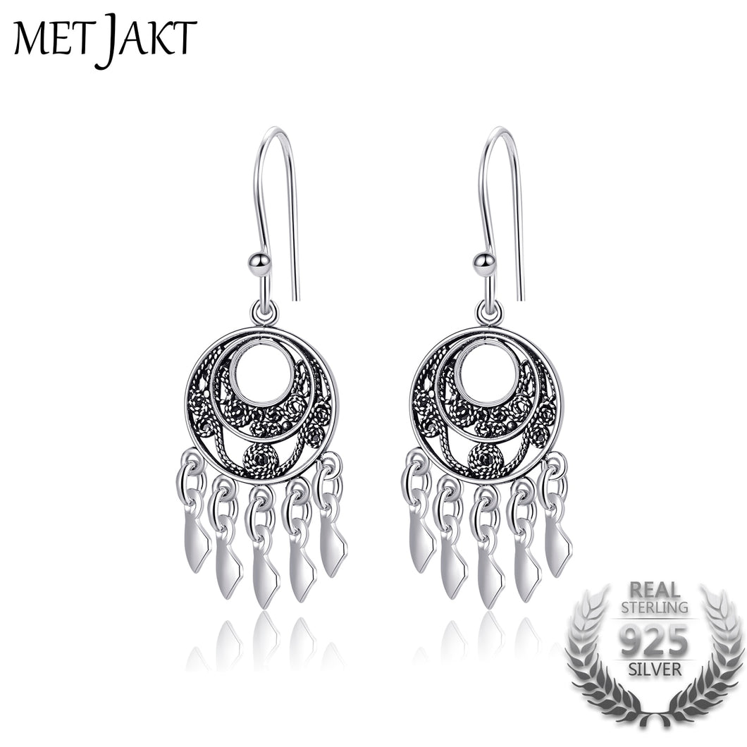 Real 925 Sterling Silver Vintage Drop Earrings&Pendant Hook Earring for Women Ethnic Retro Style Jewelry