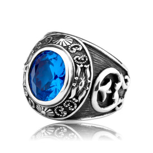Vintage Men Blue Topaz Rings Hand Carved Totem Solid 925 Sterling Silver Ring for Men Personality Thai Silver Jewelry