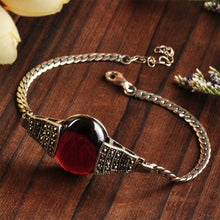 Load image into Gallery viewer, Vintage Natural Agate/garnet Bracelet with Zircon Solid 925 Sterling Silver Bracelet for Women 17.5cm Chain Extend 2.5cm