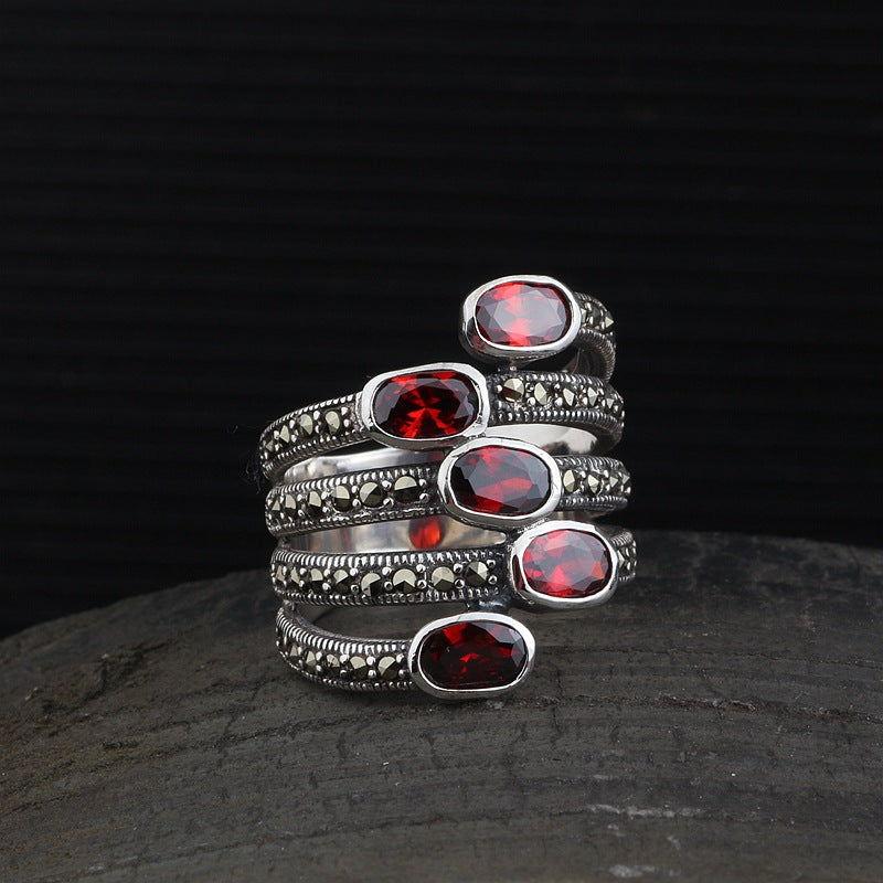 Vintage Ruby Ring Solid 925 Sterling Silver Ring for Women Party Wedding Thai Silver Jewelry