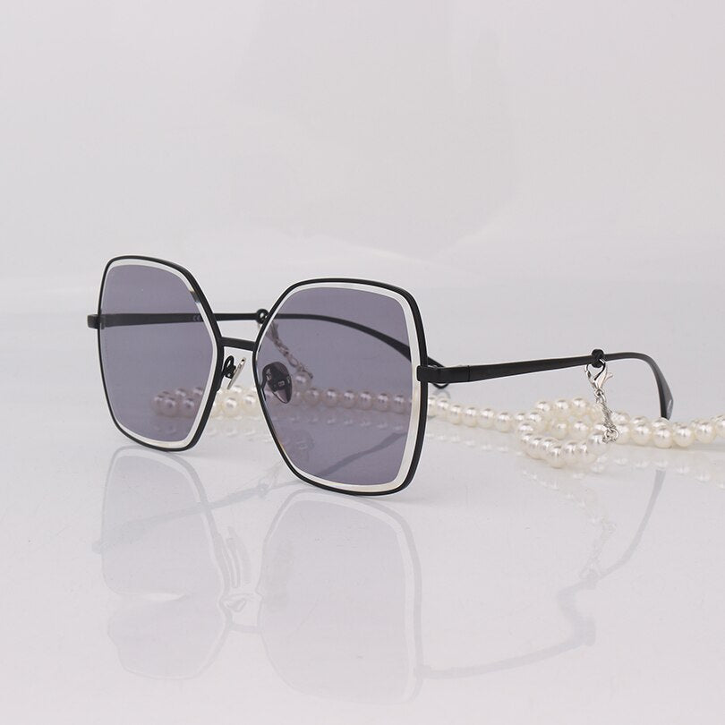 Metal Butterfly sunglasses women with pearls chain cutout lenses
