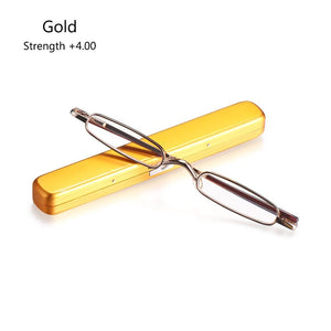 Metal Frame Spring Hinge Readers Eyeglasses with Portable Pen Clip Case Mini Reading Glasses Blue Light Blocking