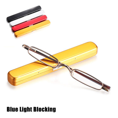 Metal Frame Spring Hinge Readers Eyeglasses with Portable Pen Clip Case Mini Reading Glasses Blue Light Blocking