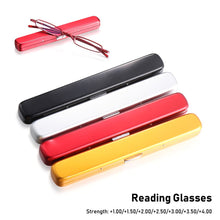 Load image into Gallery viewer, Metal Frame Spring Hinge Readers Eyeglasses with Portable Pen Clip Case Mini Reading Glasses Blue Light Blocking