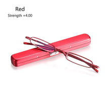 Load image into Gallery viewer, Metal Frame Spring Hinge Readers Eyeglasses with Portable Pen Clip Case Mini Reading Glasses Blue Light Blocking