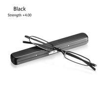 Load image into Gallery viewer, Metal Frame Spring Hinge Readers Eyeglasses with Portable Pen Clip Case Mini Reading Glasses Blue Light Blocking