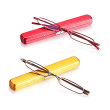 Load image into Gallery viewer, Metal Frame Spring Hinge Readers Eyeglasses with Portable Pen Clip Case Mini Reading Glasses Blue Light Blocking
