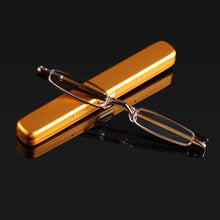 Load image into Gallery viewer, Metal Frame Spring Hinge Readers Eyeglasses with Portable Pen Clip Case Mini Reading Glasses Blue Light Blocking