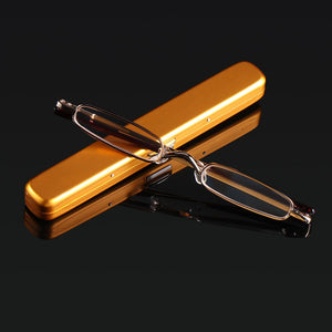 Metal Frame Spring Hinge Readers Eyeglasses with Portable Pen Clip Case Mini Reading Glasses Blue Light Blocking