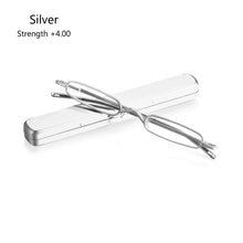 Load image into Gallery viewer, Metal Frame Spring Hinge Readers Eyeglasses with Portable Pen Clip Case Mini Reading Glasses Blue Light Blocking