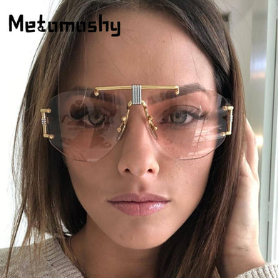 Metomoshy 2023 Oversized Sunglasses Women Rimless Big Sunglass for Woman Metal Frame Shades Female Black Grey Lens Glasses UV400