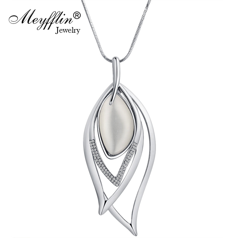 Long Necklaces & Pendants Vintage Silver Chain Crystal Opal Leaf Maxi Necklace Fashion Jewelry For Women Collier