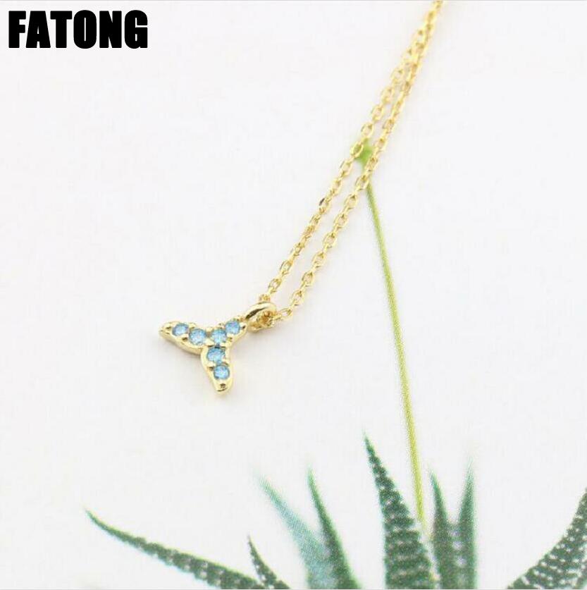 Mini blue crystal fishtail necklace in 925 sterling silver micro-inlaid zircon necklace. J0322