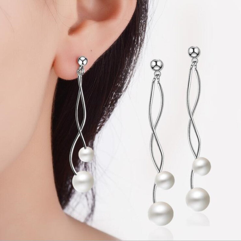 Minimalist Fashion Creative Exquisite 925 Sterling Silver Jewelry Simple Long Section Wild Wave Pearl Dangle Earrings SE304