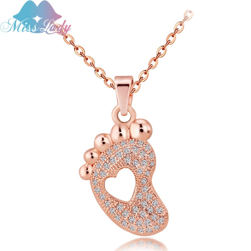 Rose Gold color Crystal Foot Shape Charm Micro Pave Heart Jewelry Chain baby Footprint Necklace For Women MLDS2013