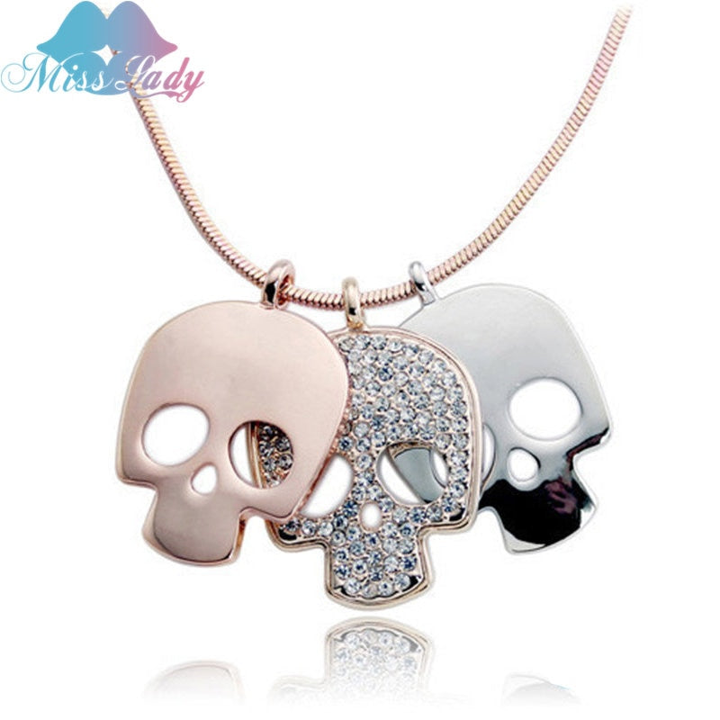 Rose Gold color Crystal Long Skull Skeleton Necklaces & Pendants Wholesales Fashion Jewelry for women 126Y4493