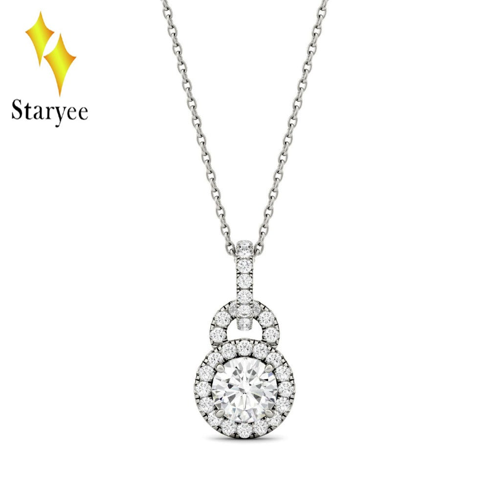Moissanite Engagement Weeding Brand Drop Halo Pendant Charms Necklaces Real 18K Solid White Gold Women Fine Jewelry