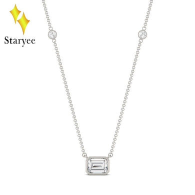 Moissanite Necklace 1.05CTW Emerald Cut Moissanite East-West Solitaire with Side Accents Lab Diamond Necklace 18K White Gold
