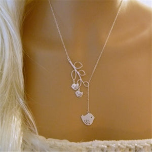 Mommy and Two Baby Birds Necklace - Mother and Child - Mom Necklace - Branch Lariat - Silver - Mommy Necklace - femmart