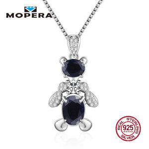 925 Sterling Silver Animal Bear Necklaces & Pendants with Natural Sapphire Pendant Necklaces For Women Fine Jewelry Gift
