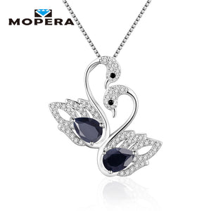 925 Sterling Silver Fine Jewelry Elegant Animal Charm Pendant With Chain Natural Sapphire Women Swan Pendant Necklaces