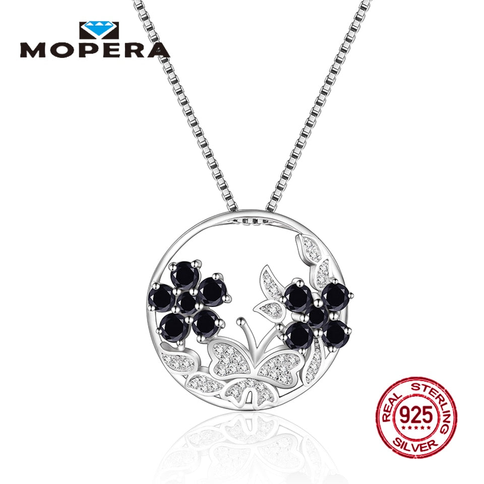 925 Sterling Silver Necklace With Chain Butterfly Crystal Two Flowers Natural Black Sapphire Pendant Necklaces For Girls