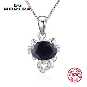 Necklace Women Sterling Silver 925 Jewelry Animal Cat Crystal Natural Sapphire Trendy Necklaces & Pendants Fine Jewelry