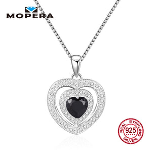 New Sterling 925 Silver Fashion Jewelry Double Crystal Love Heart Natural Black Sapphire Pendant Necklaces For Women