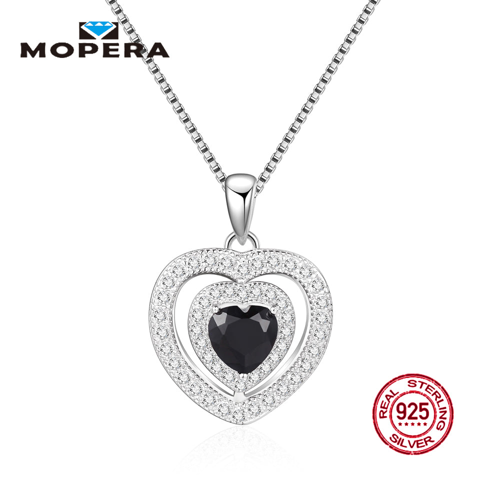 New Sterling 925 Silver Fashion Jewelry Double Crystal Love Heart Natural Black Sapphire Pendant Necklaces For Women