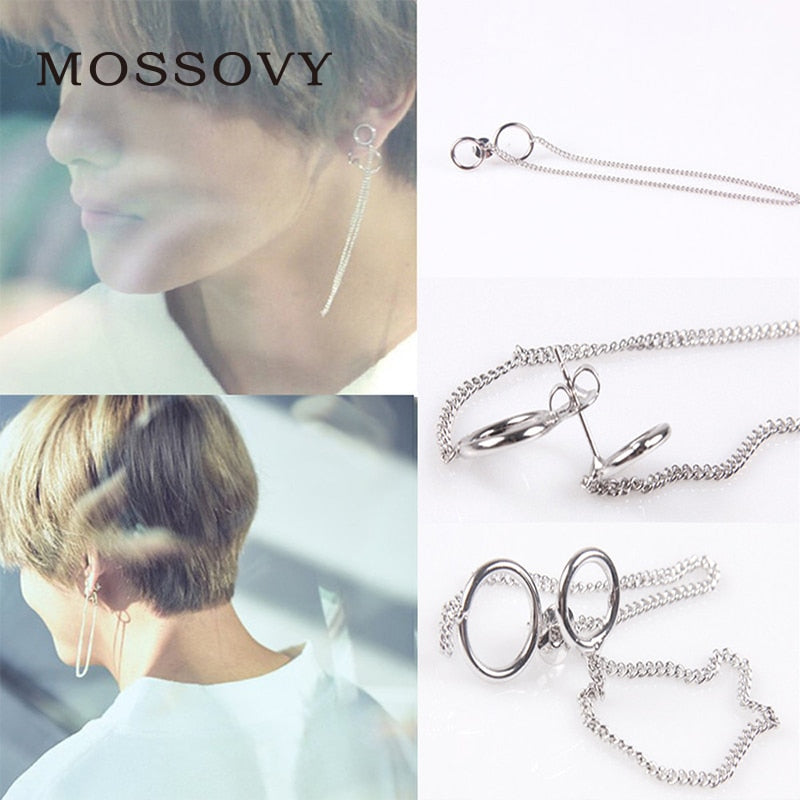 Fashion Women Men Silver Metal Earring Minimalist Jewelry BTS V Bangtan Boys V Stud Doulbe Circles Chain Earrings