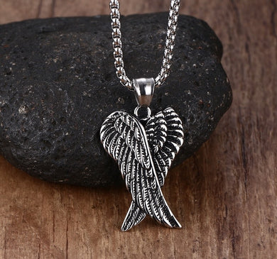 Men Necklaces Stainless Steel Gothic Vintage Double Angel Wings Pendant Collier Kolye Mens Fashion Biker Jewelry 24