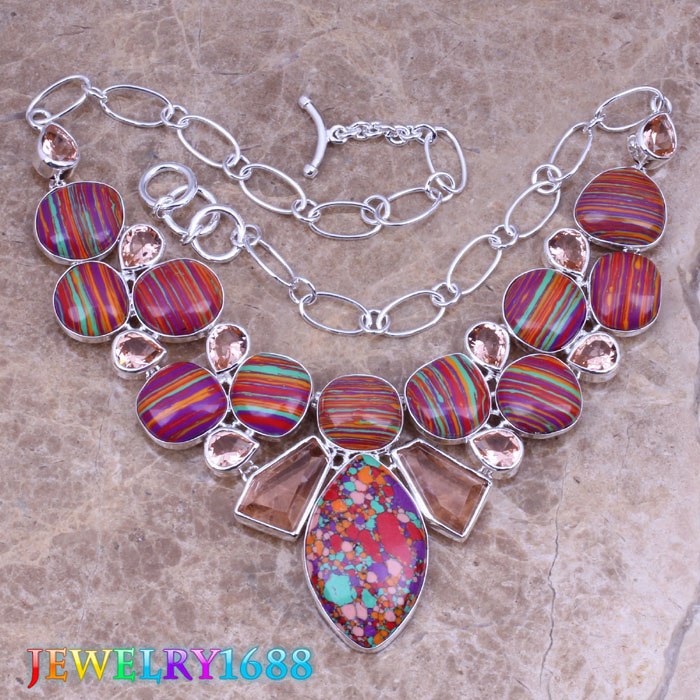 Multicolor Natural Stone Champagne Morganite 925 Sterling Silver Grade Necklace L619