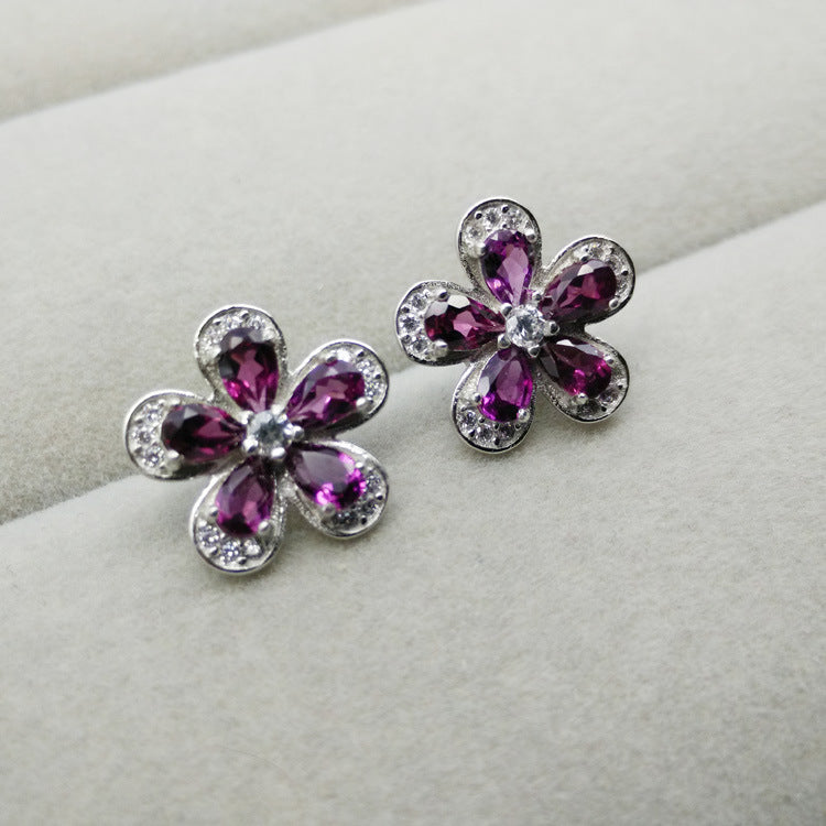 Multicolored Earrings natural magnesium Garnet Stud Earrings small flower 925 silver exquisite fashion one generation