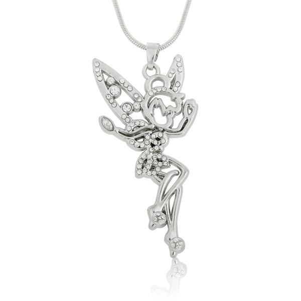 Tinkerbell Fairy Angel Jewelry Clear Rhinestone Necklace Crystal Wings Silver Plated Pendant for Teen Girls And Women