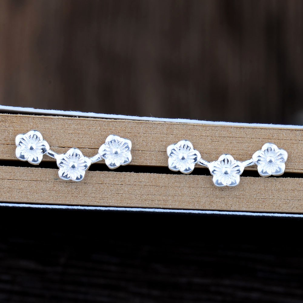 Real 925 Sterling Silver Cherry Plum Blossoms Flower Branch Stud Earrings Jewelry Gift for Woman Girl
