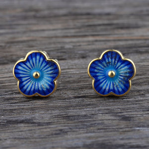 Real 925 Sterling Silver Chinoiserie Blue Cloisonne Enamel Camellia Vintage Stud Earrings Jewelry Gift for Women
