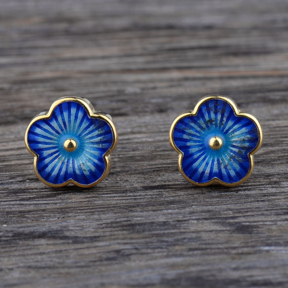 Real 925 Sterling Silver Chinoiserie Blue Cloisonne Enamel Camellia Vintage Stud Earrings Jewelry Gift for Women