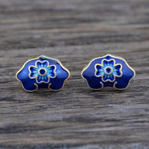 Real 925 Sterling Silver Chinoiserie Blue Cloisonne Enamel Clover Lock Vintage Stud Earrings Jewelry Gift for Women