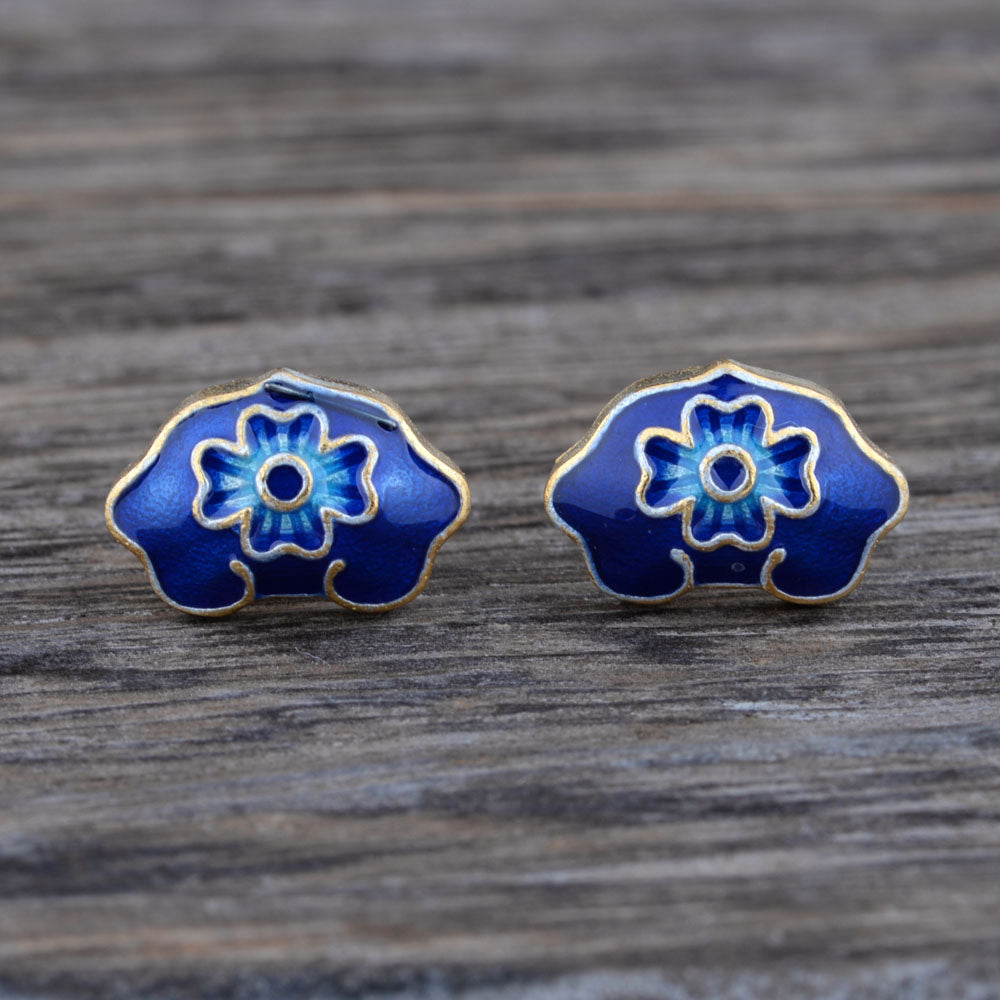 Real 925 Sterling Silver Chinoiserie Blue Cloisonne Enamel Clover Lock Vintage Stud Earrings Jewelry Gift for Women