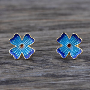 Real 925 Sterling Silver Chinoiserie Blue Cloisonne Enamel Clover Vintage Stud Earrings Jewelry Gift for Women
