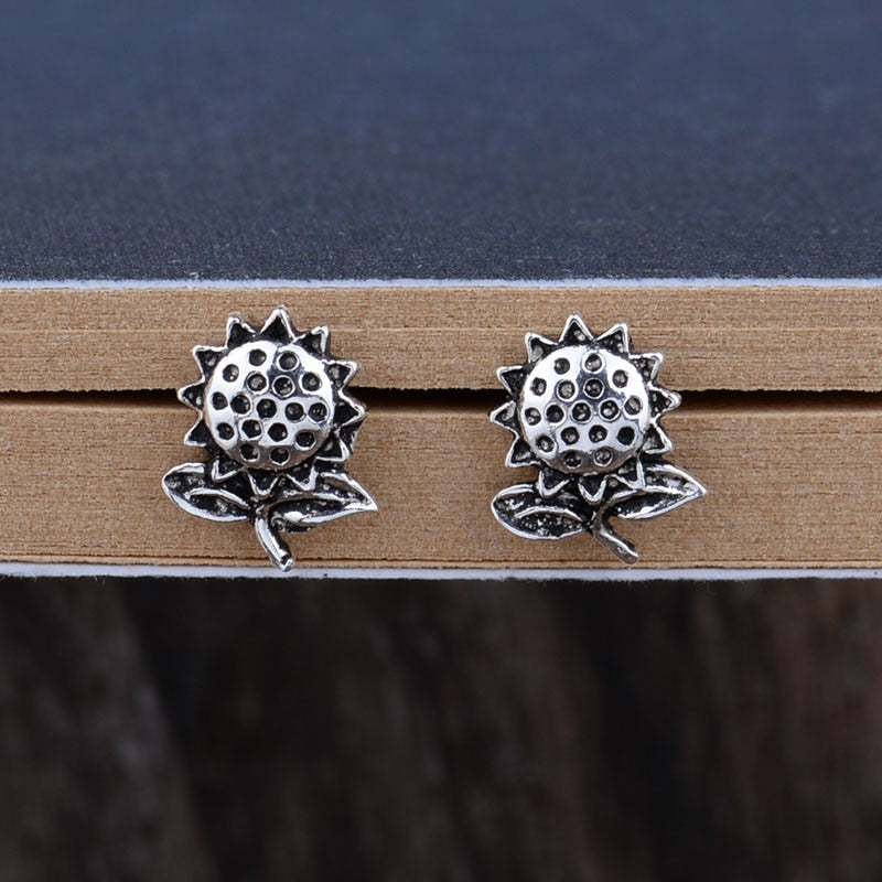 Real 925 Sterling Silver Ethnic Exotic Tribal Sunflower Flower Vintage Stud Earrings Jewelry Gift for Woman Girl