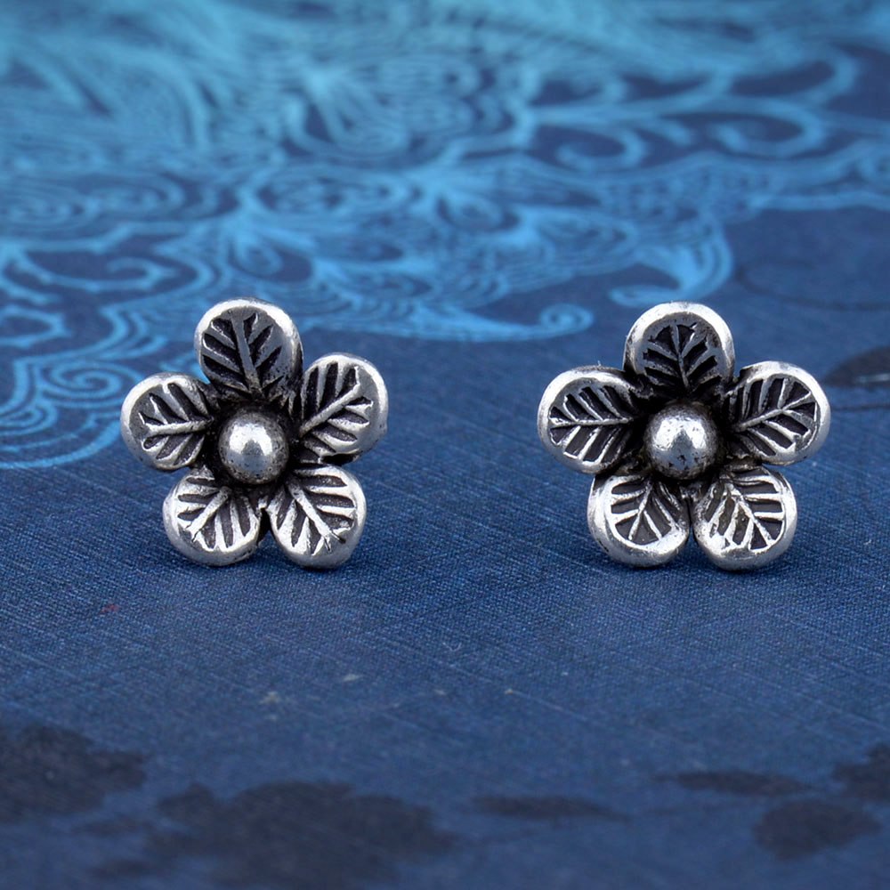Real 925 Sterling Silver Ethnic Flower Leaves Vintage Stud Earrings Jewelry Gift for Woman Girl