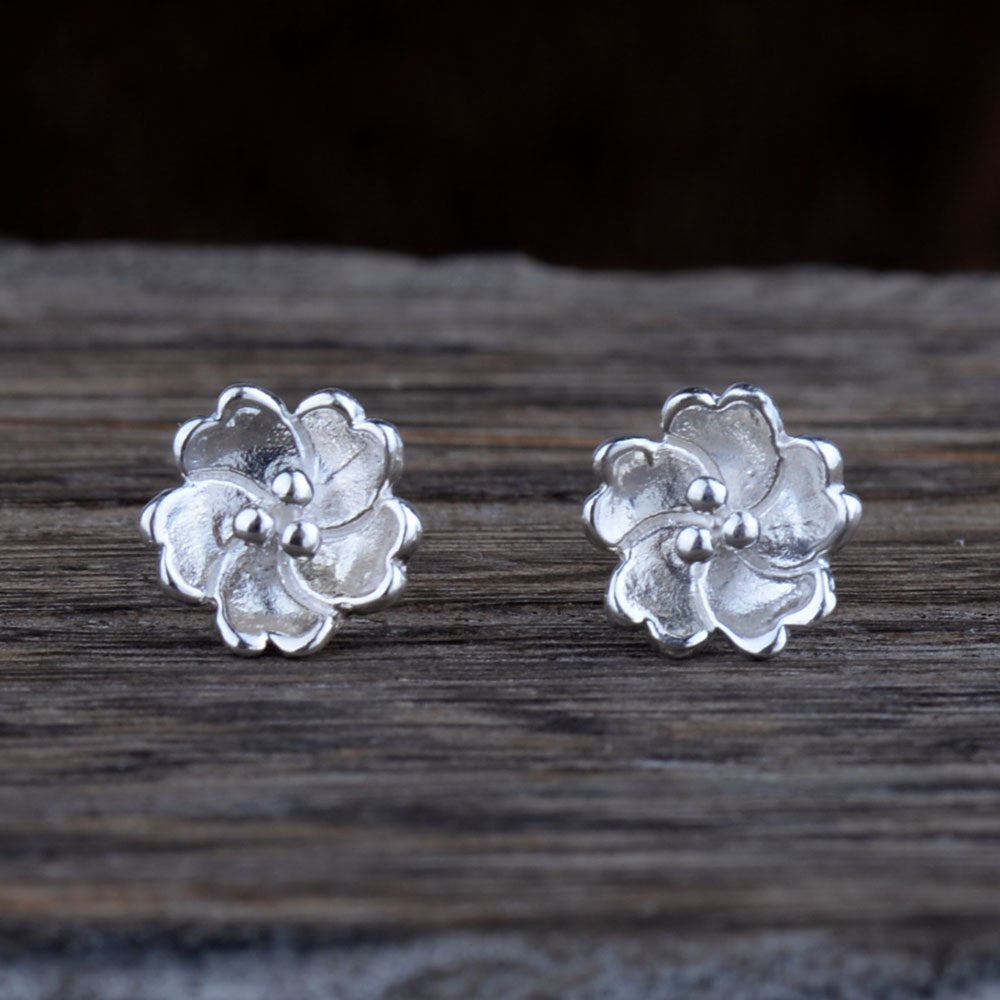 Real 925 Sterling Silver Romantic Cute Casual Camellia Flower Small Stud Earrings Jewelry Gift for Woman Girl