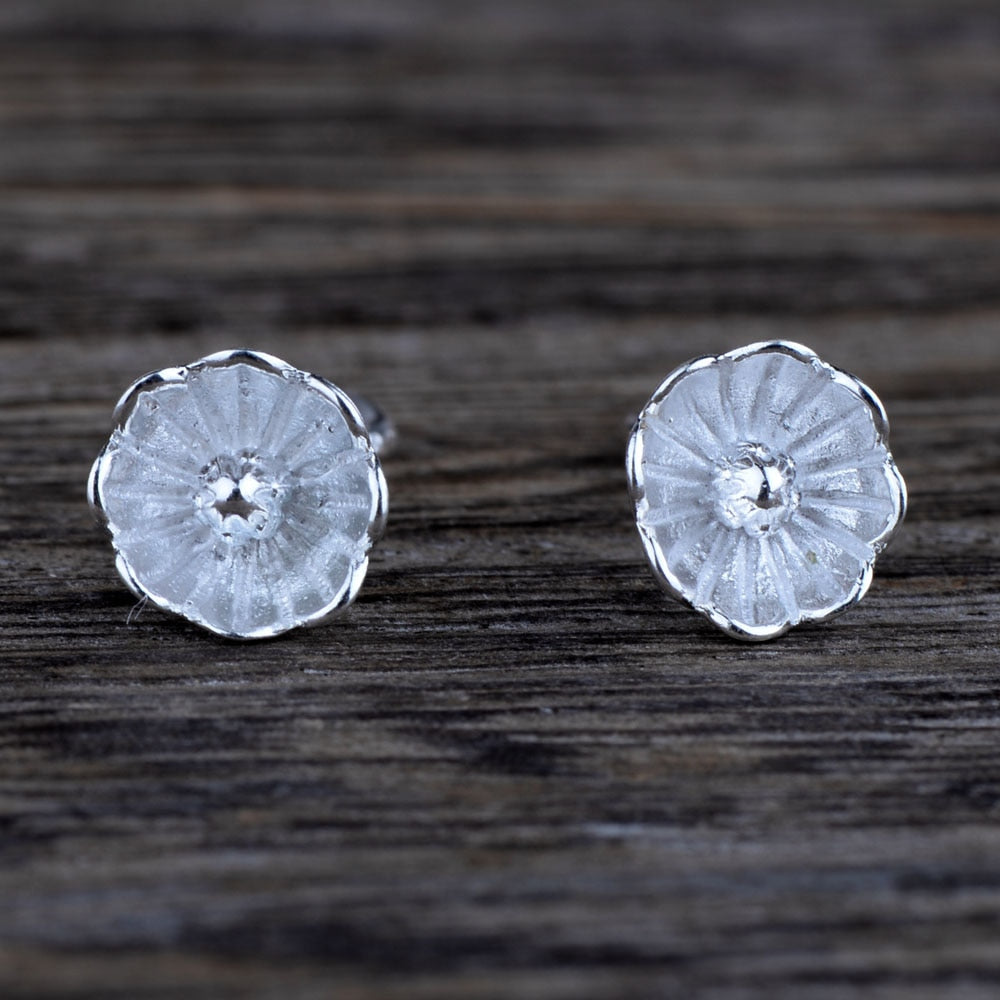 Real 925 Sterling Silver Romantic Cute Casual Flower Small Stud Earrings Jewelry Gift for Woman Girl