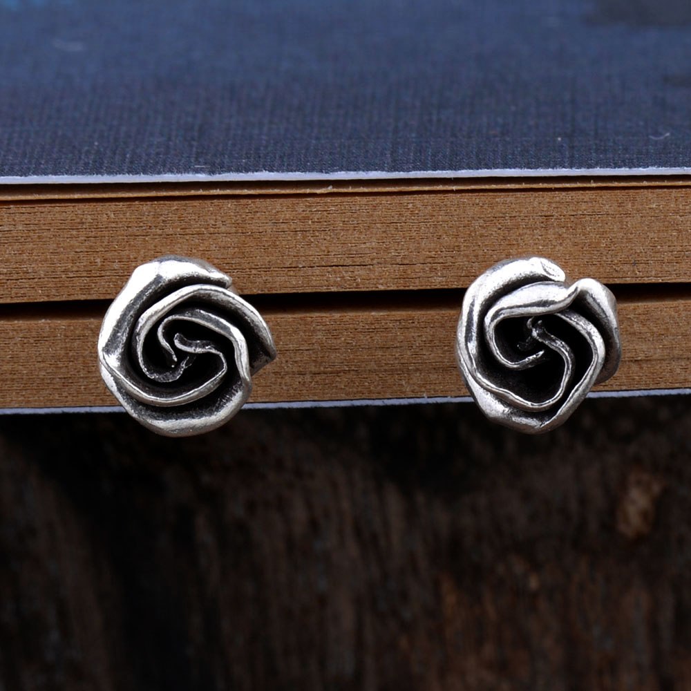 Real 925 Sterling Silver Romantic Rose Rosebud Flower Vintage Stud Earrings Jewelry Gift for Woman Girl