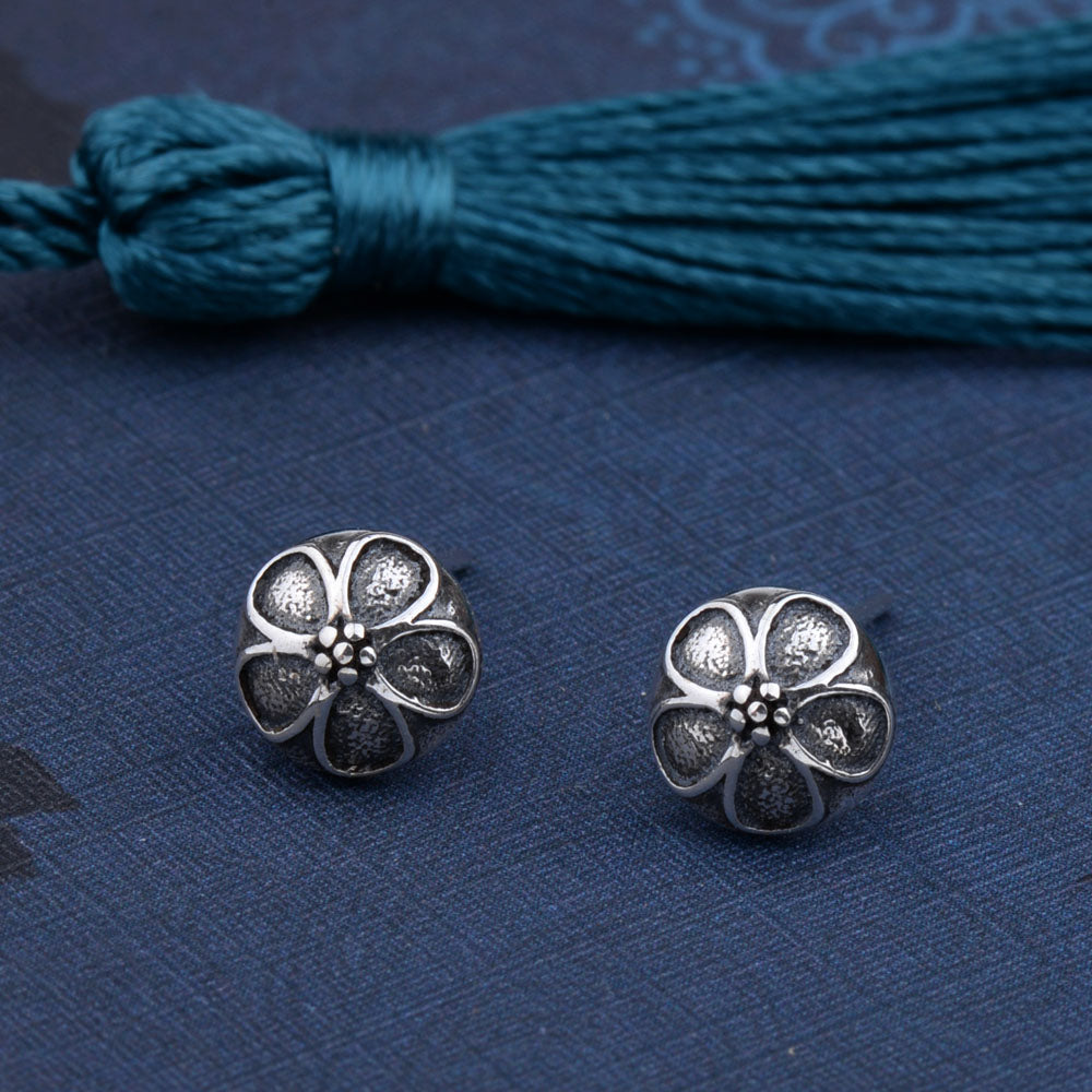 Real 925 Sterling Silver Sweet Cute Flower Vintage Small Stud Earrings Jewelry Gift for Woman Girl