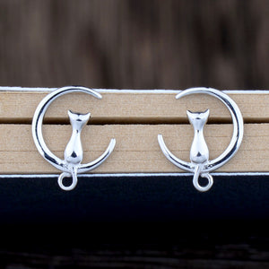 Real 925 Sterling Silver Trendy Cute Casual Moon Cat Stud Earrings Jewelry Gift for Woman Girl