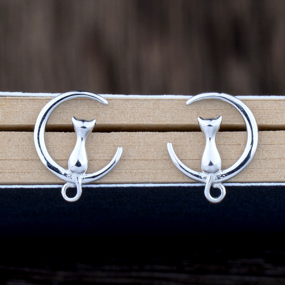 Real 925 Sterling Silver Trendy Cute Casual Moon Cat Stud Earrings Jewelry Gift for Woman Girl